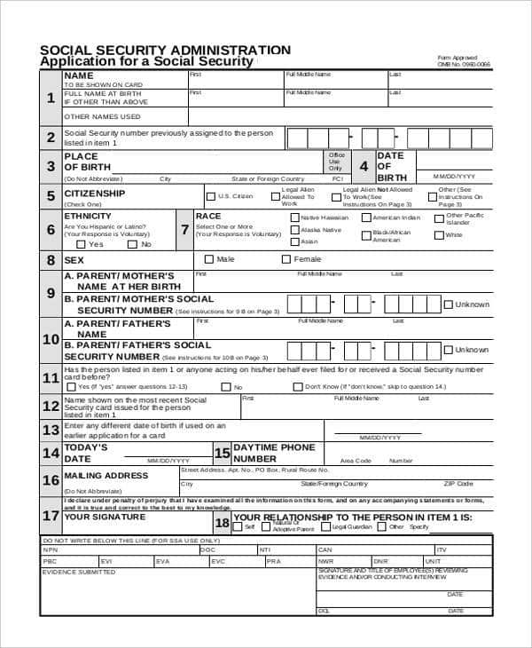 Sample Social Security Application Form